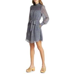 Boden 'Metallic' Black Stripe Floral Print Balloon Long Sleeve Smock Mock Neck